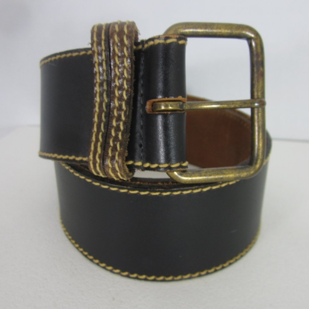 New Vtg The Ritz Womens Small Black Leather Wide Belt 28" - 32" Brass Buckle